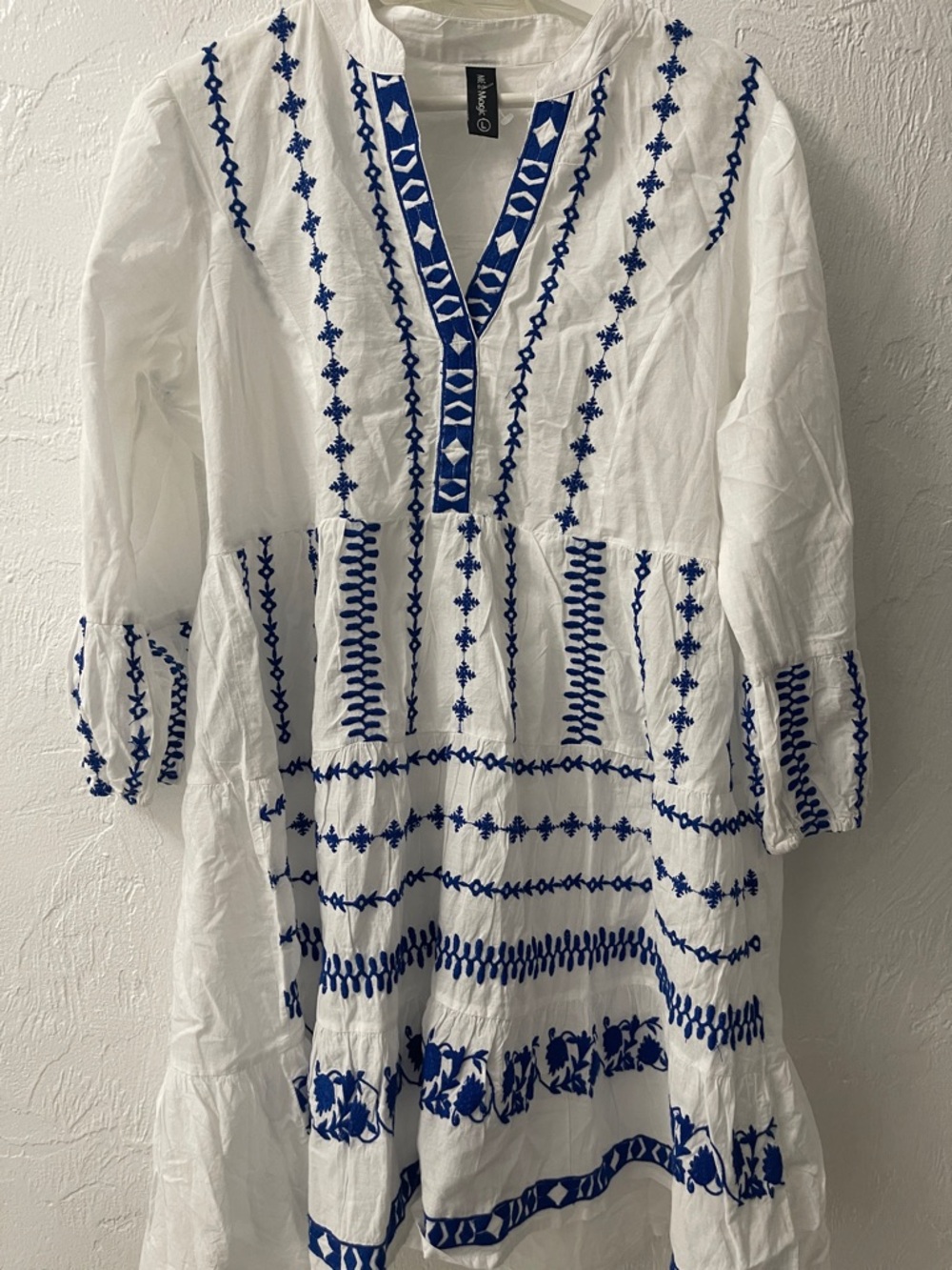 Me 2 Magic White Dress with Blue Embroidered Trim, Size Large